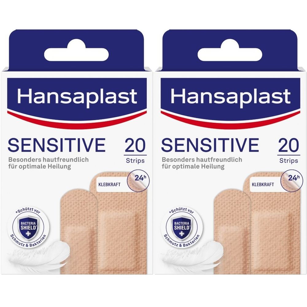 Zwei Packungen Hansaplast Sensitive Pflaster. Aufschrift: Sensitive, 20 Strips. Mit Bacteria Shield. Hautfarbenes Pflaster.