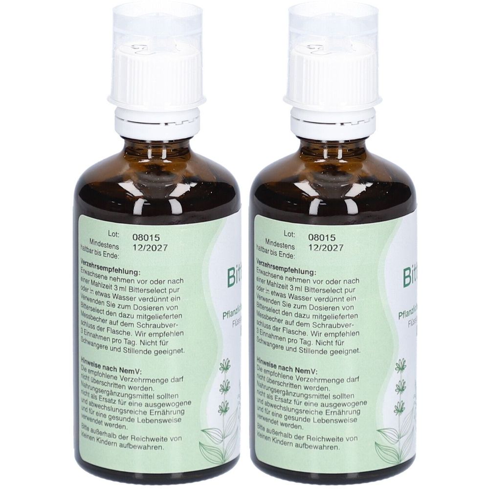 Zwei braune Glasflaschen mit weißen Verschlüssen. Auf den Etiketten sind Text und das Wort "Bitter" zu sehen. Mindesthaltbarkeit 12/2027.