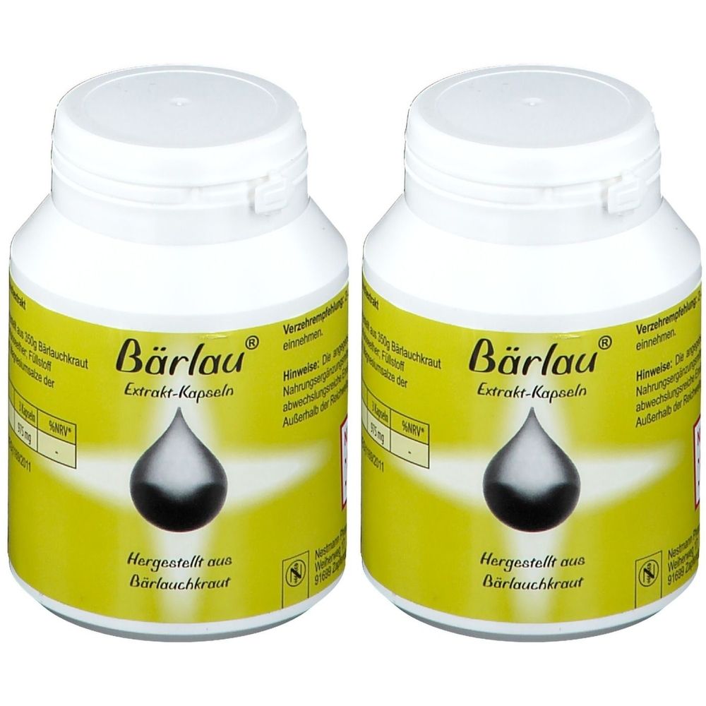Zwei weiße Flaschen mit Schraubverschluss. Auf gelbem Etikett: Bärlau Extrakt-Kapseln, Tropfensymbol. Text: Hergestellt aus Bärlauchkraut.