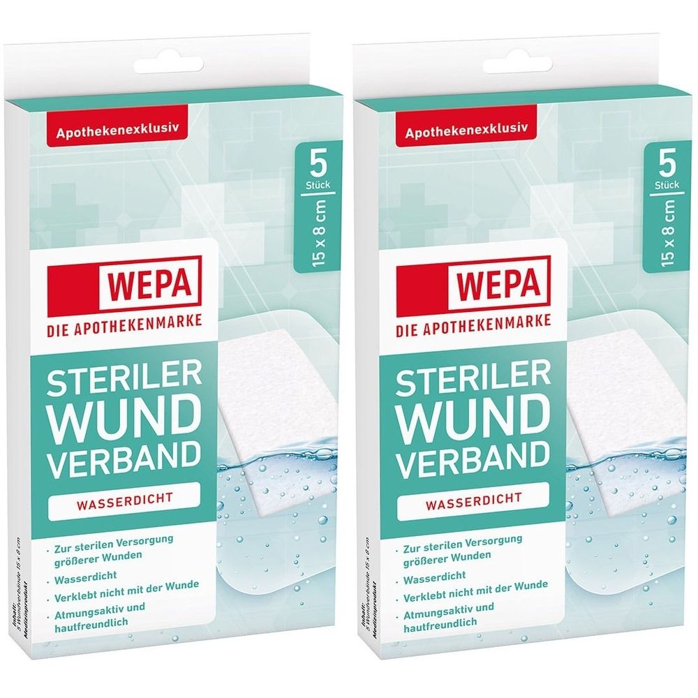 Zwei Packungen WEPA Wundverband. Jede Packung enthält 5 Stück, 15 x 8 cm. Aufschrift: Steriler Wundverband, wasserdicht.