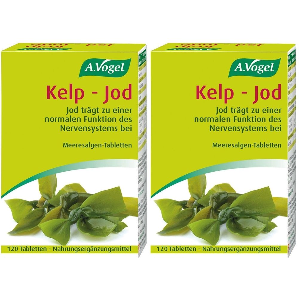 Zwei Schachteln A. Vogel Kelp-Jod. Aufschrift: Jod trägt zu einer normalen Funktion des Nervensystems bei. 120 Tabletten. Nahrungsergänzungsmittel.