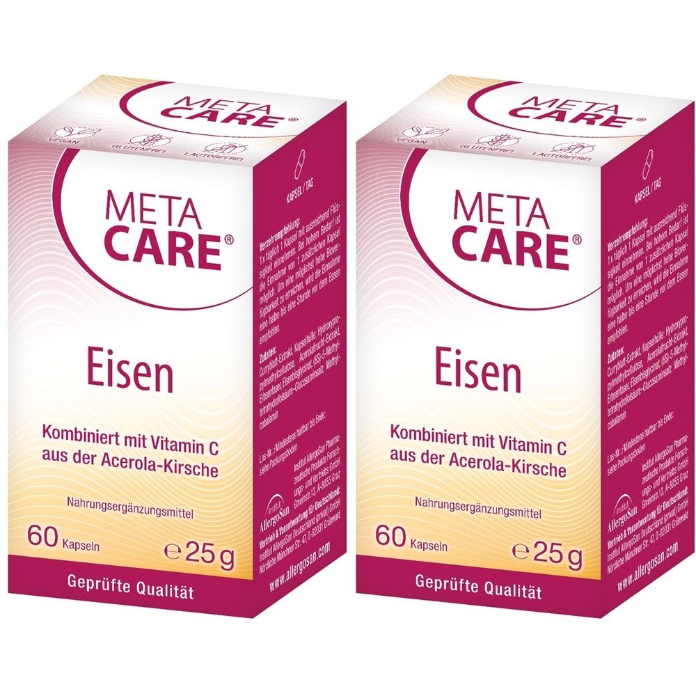 Zwei Packungen META-CARE® Eisen. Aufschrift: Eisen, kombiniert mit Vitamin C aus Acerola-Kirsche. 60 Kapseln, 25g. Geprüfte Qualität.