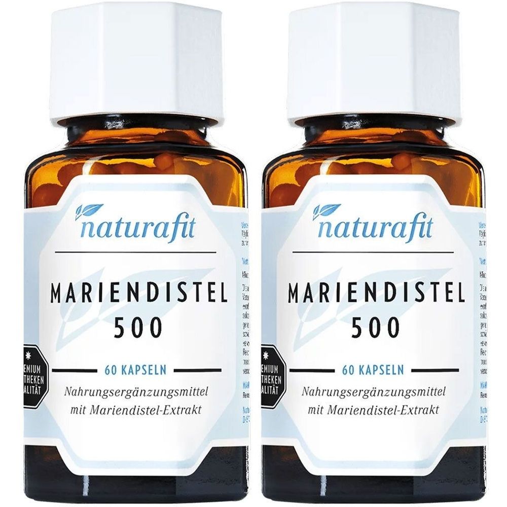 Zwei Flaschen mit braunem Glas und weißem Deckel. Auf dem Etikett steht "naturafit Mariendistel 500", 60 Kapseln. Nahrungsergänzungsmittel.