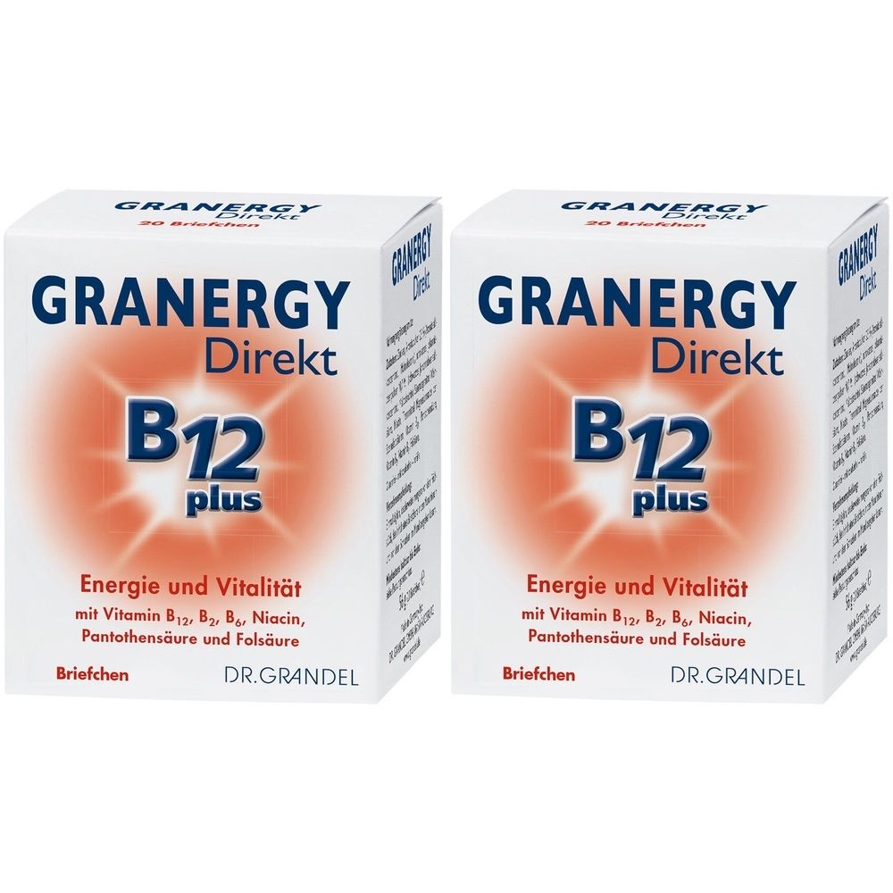 Zwei weiße Kartons mit der Aufschrift GRANERGY Direkt B12 plus. Text: Energie und Vitalität. Marke: DR. GRANDEL.