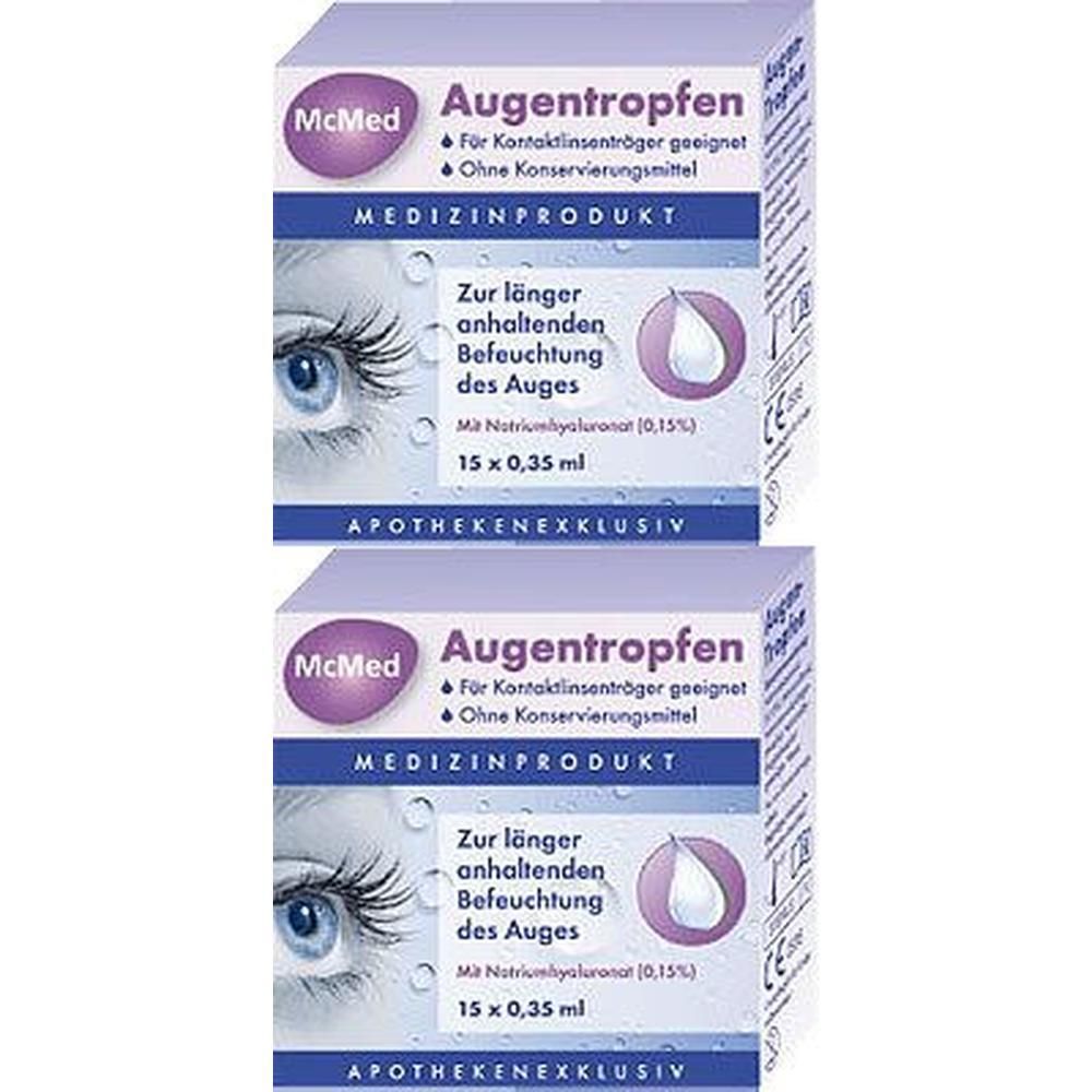 Zwei Packungen McMed Augentropfen mit Abbildung eines Auges und Tropfen-Symbol. 15x0,35ml.