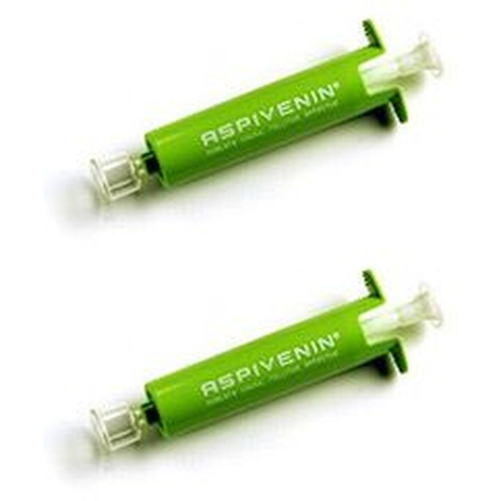 Zwei grüne Insektengiftentferner mit weißer Spitze. Aufschrift: ASPIVENIN.