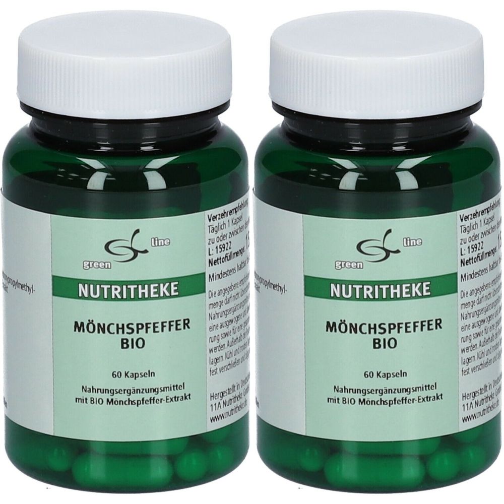 Zwei grüne Flaschen mit weißen Deckeln. Auf den Etiketten steht "green line NUTRITHEKE MÖNCHSPFEFFER BIO". Jede Flasche enthält 60 Kapseln.