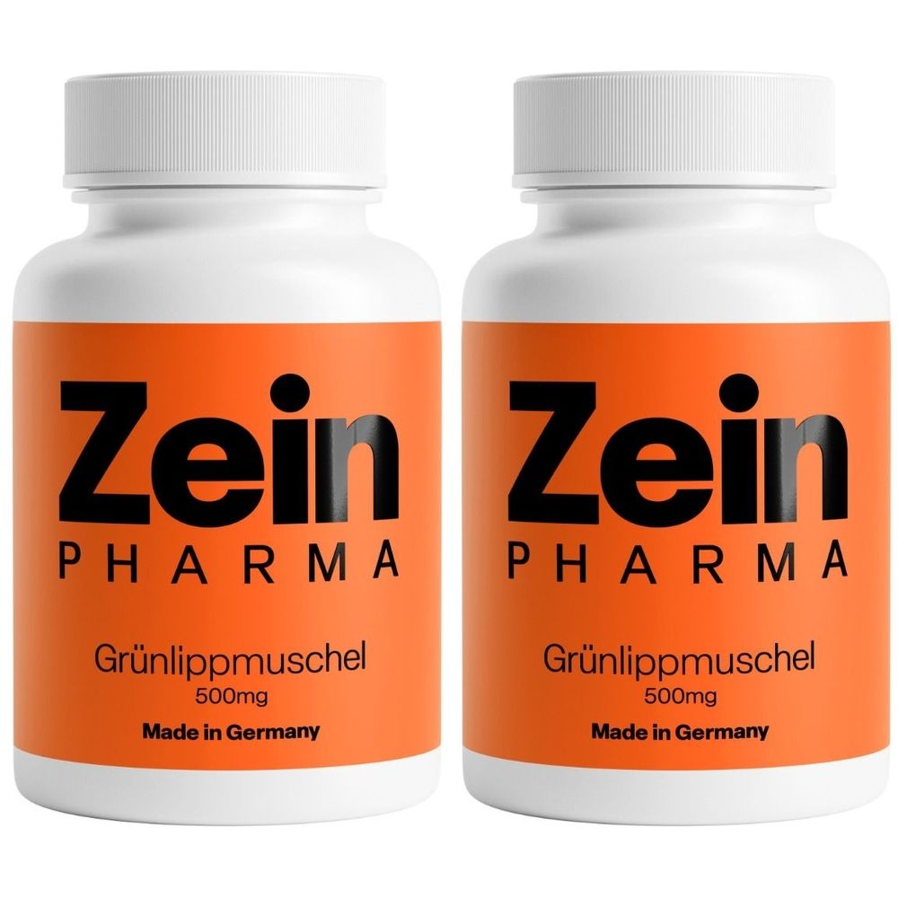 Zwei weiße Flaschen mit orangefarbenen Etiketten. Aufschrift: Zein Pharma, Grünlippmuschel 500mg, Made in Germany.