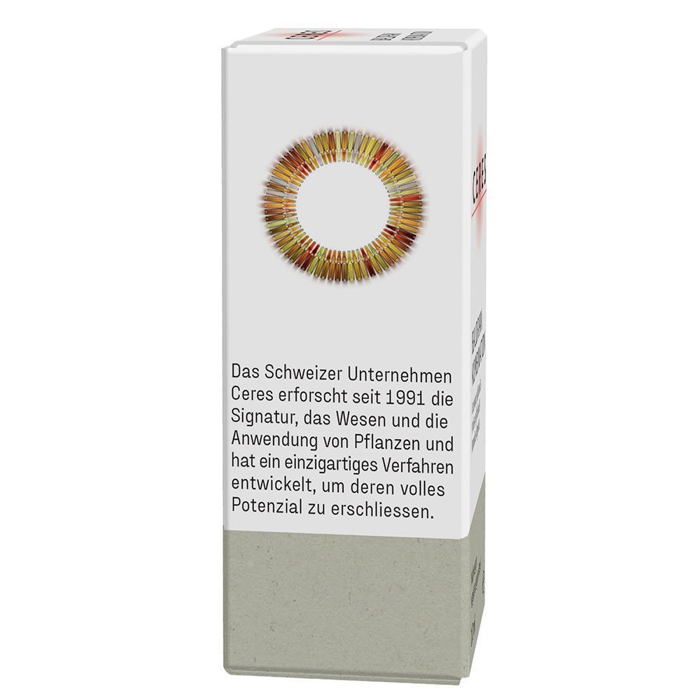 Rückseite der CERES Baldrian Kombination Faltschachtel mit Informationen über das Schweizer Unternehmen.