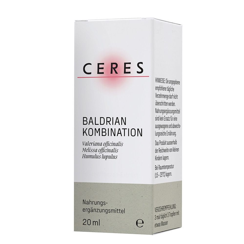 Vorderseite der CERES Baldrian Kombination Faltschachtel, 20ml, mit Hinweisen zur Einnahme.