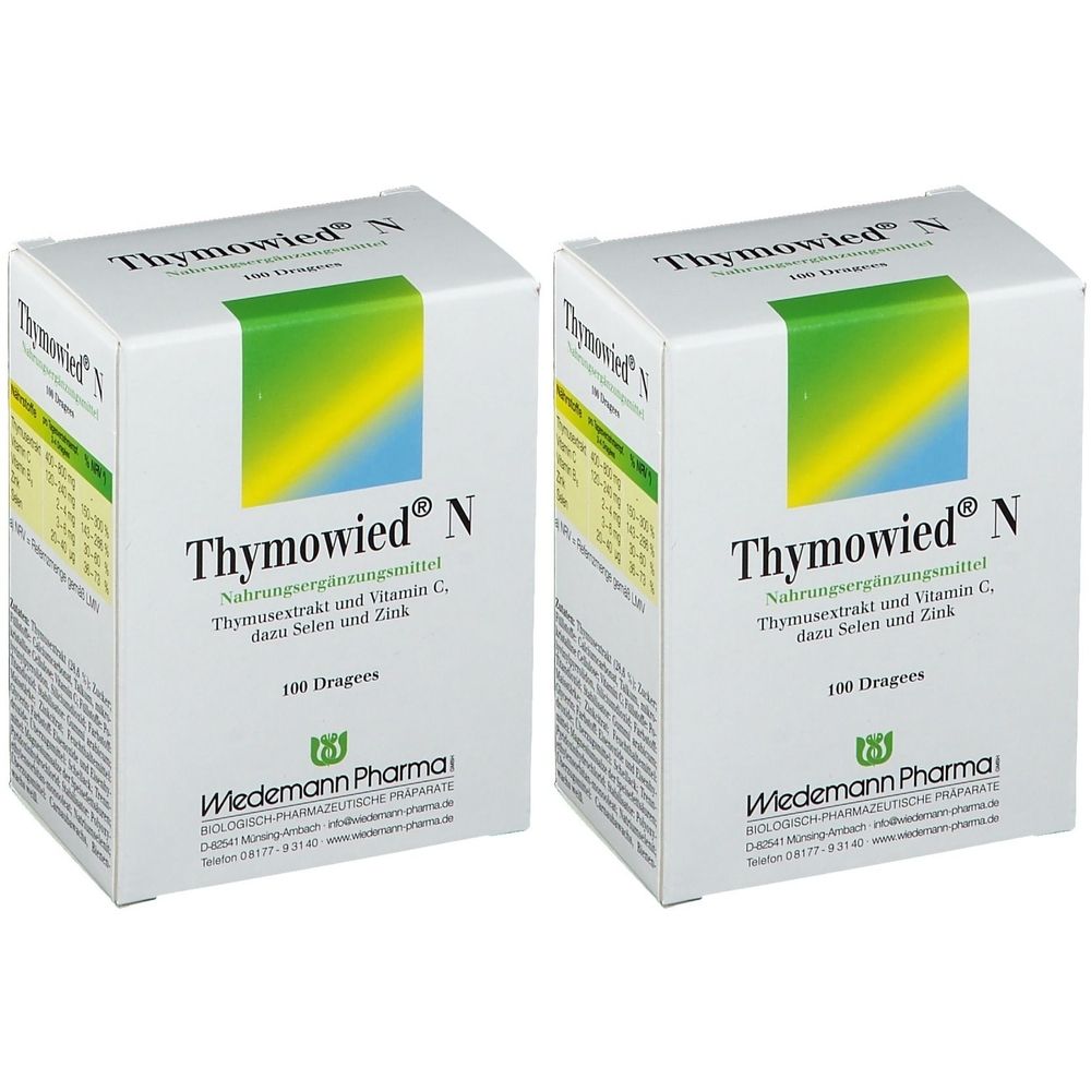 Zwei Schachteln Thymowied® N. Weiße Verpackung mit grün-gelbem Streifen. Aufschrift: Nahrungsergänzungsmittel, 100 Dragees.