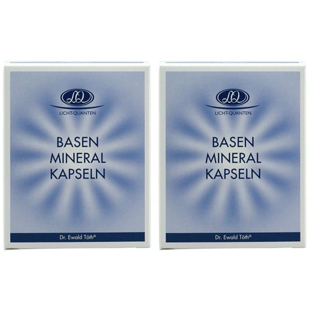 Zwei rechteckige Schachteln mit "BASEN MINERAL KAPSELN"-Aufdruck. Oben Logo und Schriftzug "LICHT-QUANTEN", unten "Dr. Ewald Töth".