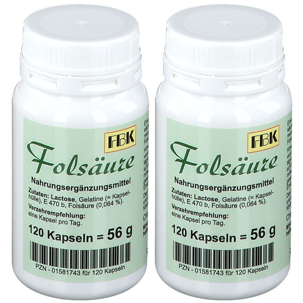 Zwei weiße Flaschen mit Schraubverschluss. Auf den Etiketten steht "Folsäure" und "120 Kapseln = 56 g". Das Logo "FBK" ist sichtbar.