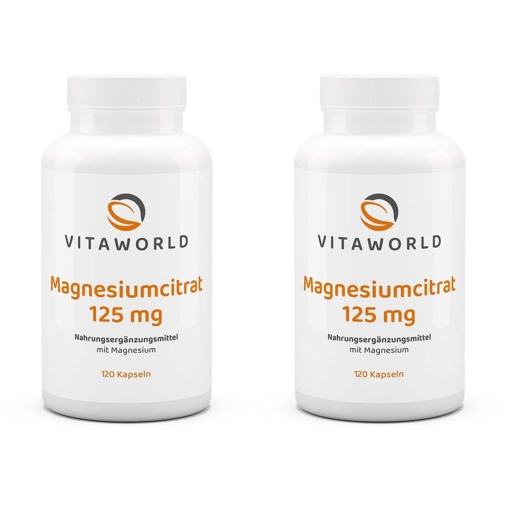 Zwei weiße Flaschen mit Etiketten. Aufschrift: VITAWORLD Magnesiumcitrat 125 mg. Nahrungsergänzungsmittel mit Magnesium. 120 Kapseln.