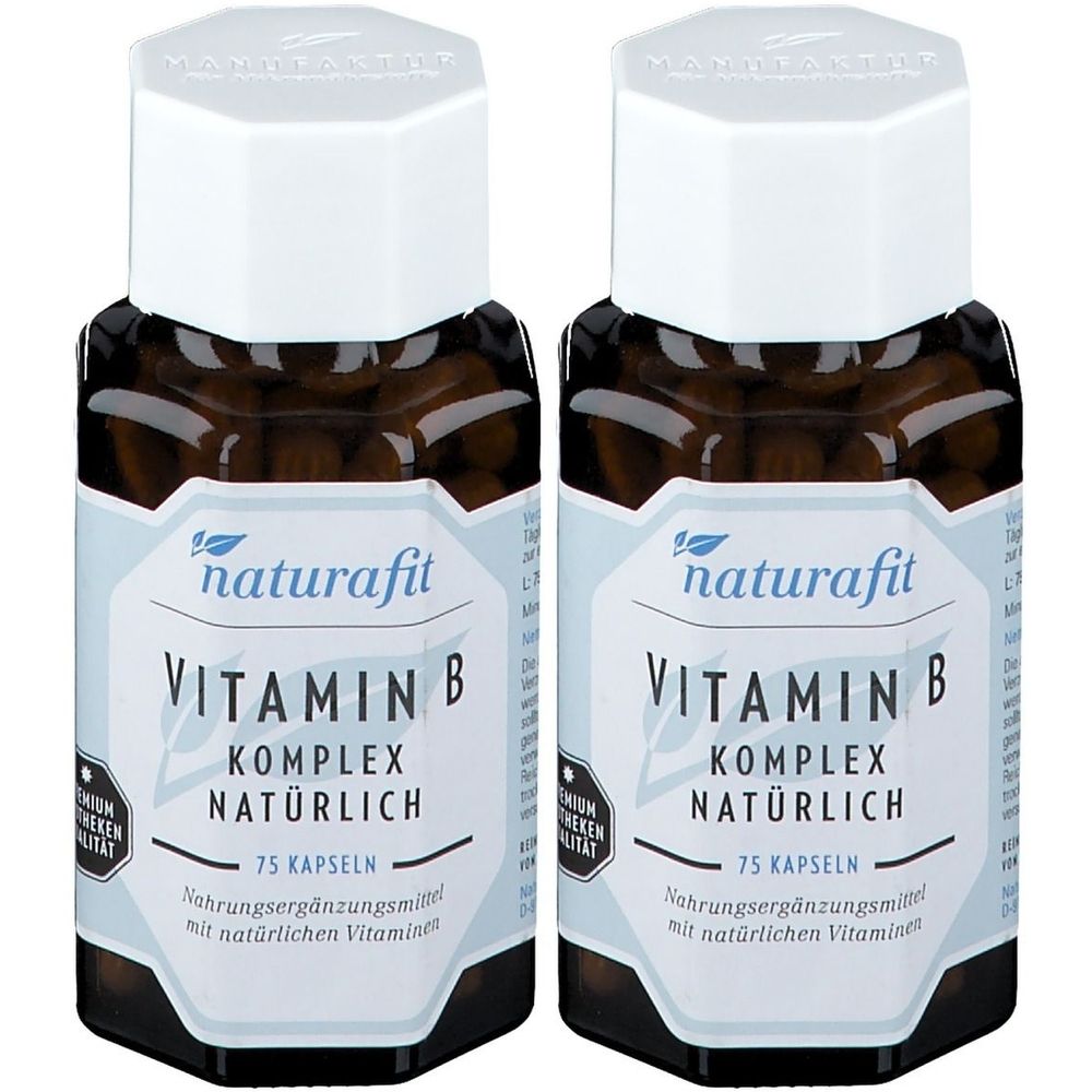Zwei Flaschen naturafit Vitamin B Komplex natürlich. Braune Glasflaschen mit weißem Deckel und Etikett. Aufschrift: Vitamin B Komplex natürlich.