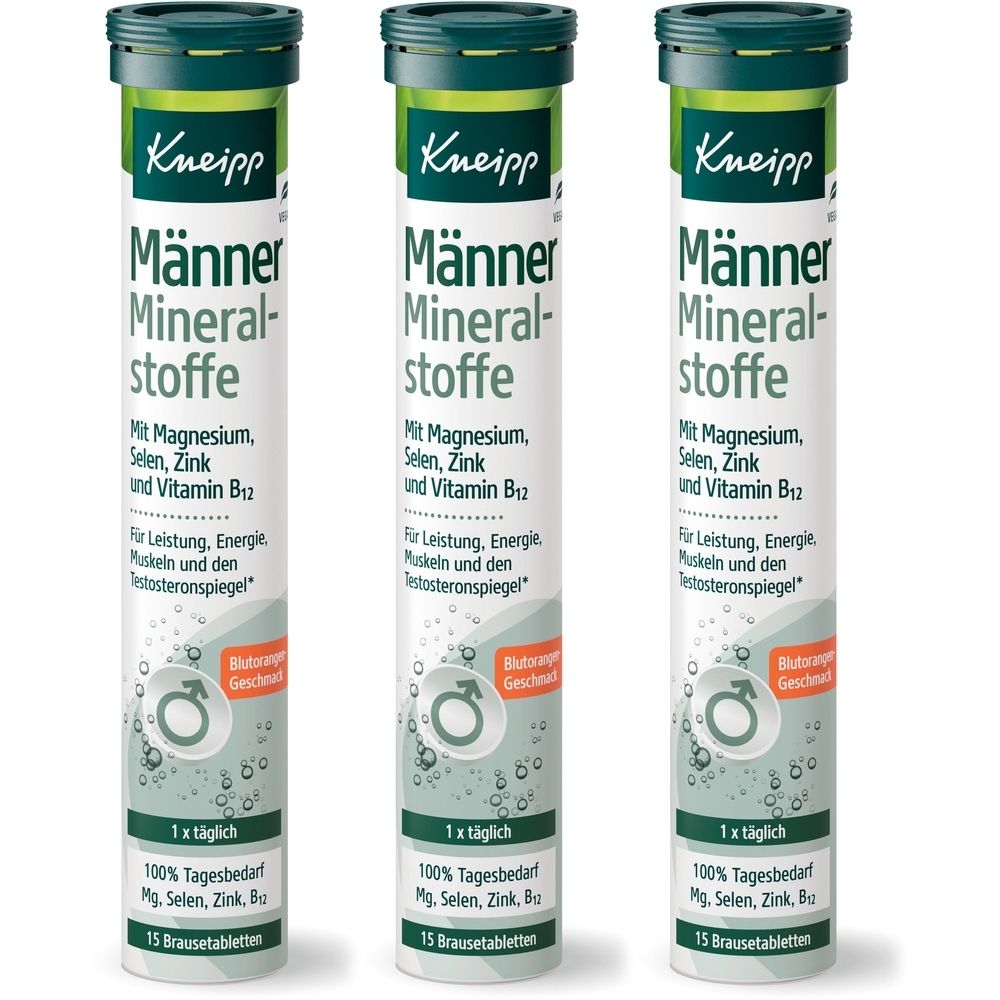 Drei zylindrische Behälter mit Kneipp Männer Mineralstoffe. Grün-weiße Verpackung mit Produktinformationen und Logo. Brausetabletten.