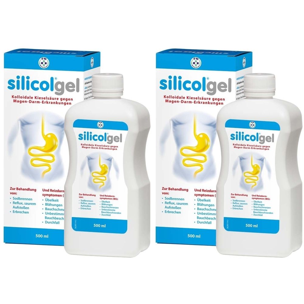 Zwei Flaschen und zwei Kartons silicolgel. Weiße Flaschen mit blauem Deckel und Etikett. Blaue Kartons mit Produktnamen und Abbildung des Verdauungstrakts.