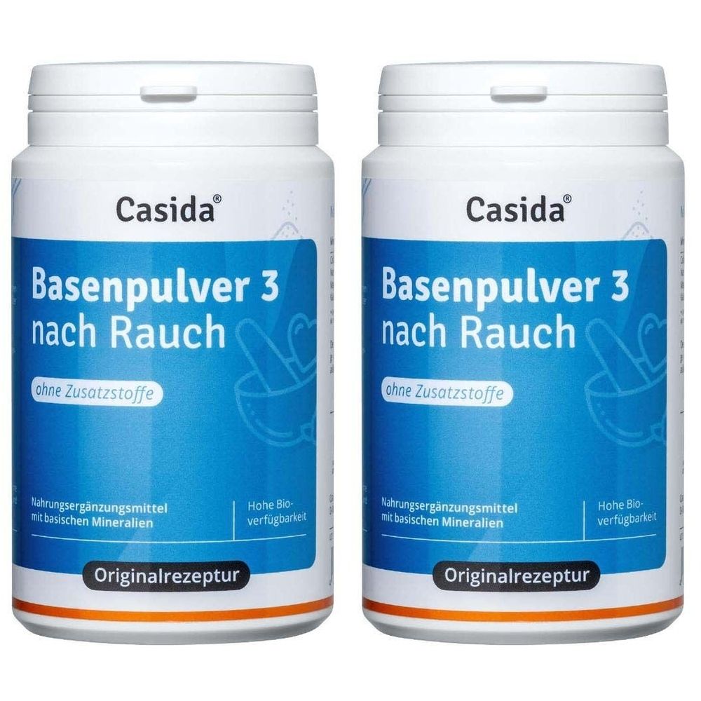 Zwei weiße Dosen Casida Basenpulver 3 nach Rauch. Blaue Etiketten mit Produktnamen und Zusatzinformationen. Ohne Zusatzstoffe.