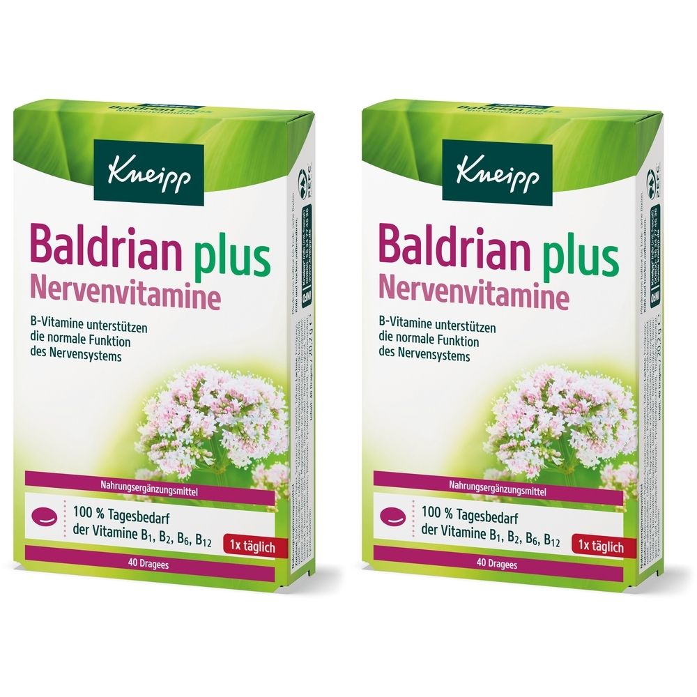 Zwei Schachteln Kneipp Baldrian plus Nervenvitamine. Aufschrift: B-Vitamine unterstützen die normale Funktion des Nervensystems. 40 Dragees.