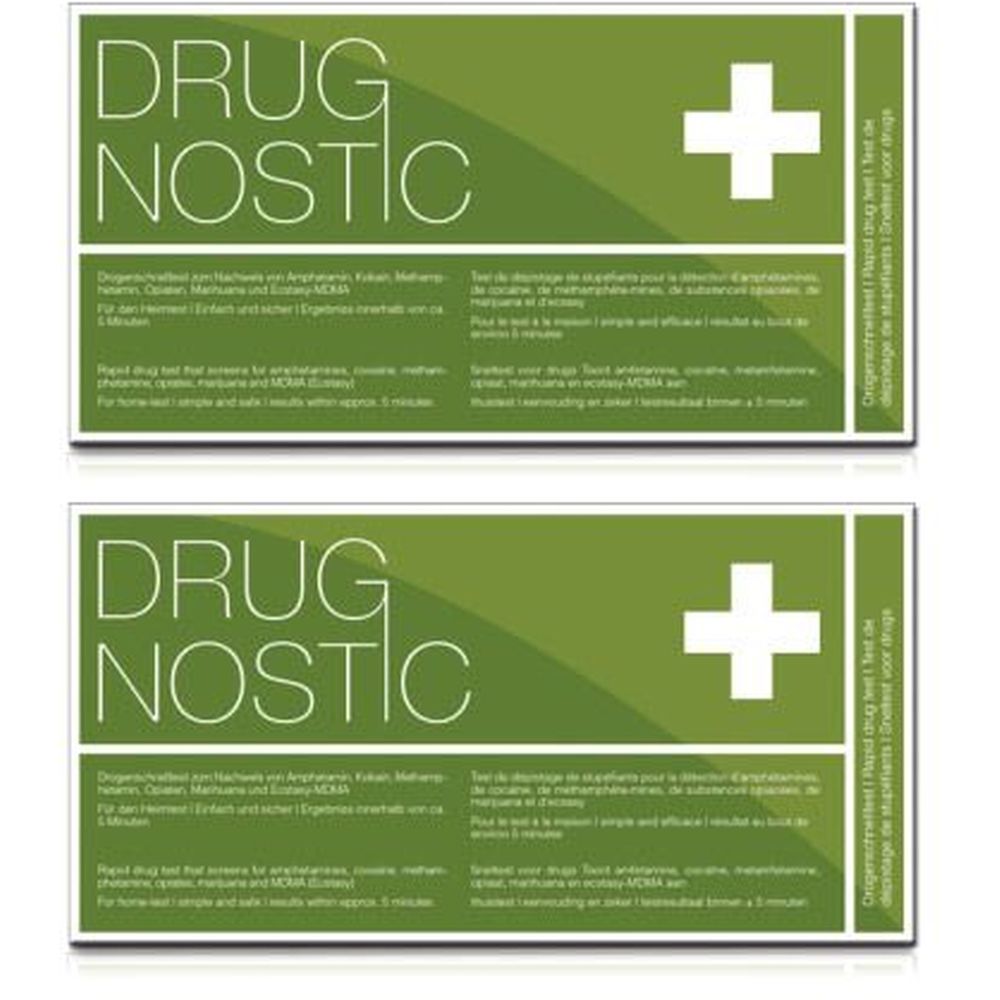 Zwei grüne Testkarten mit weißem Kreuz und Schriftzug DRUGNOSTIC. Text in mehreren Sprachen.