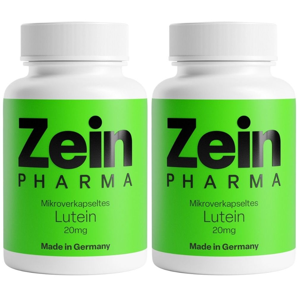 Zwei weiße Flaschen mit grünem Etikett. Auf dem Etikett steht "Zein Pharma", "Lutein 20mg" und "Made in Germany".