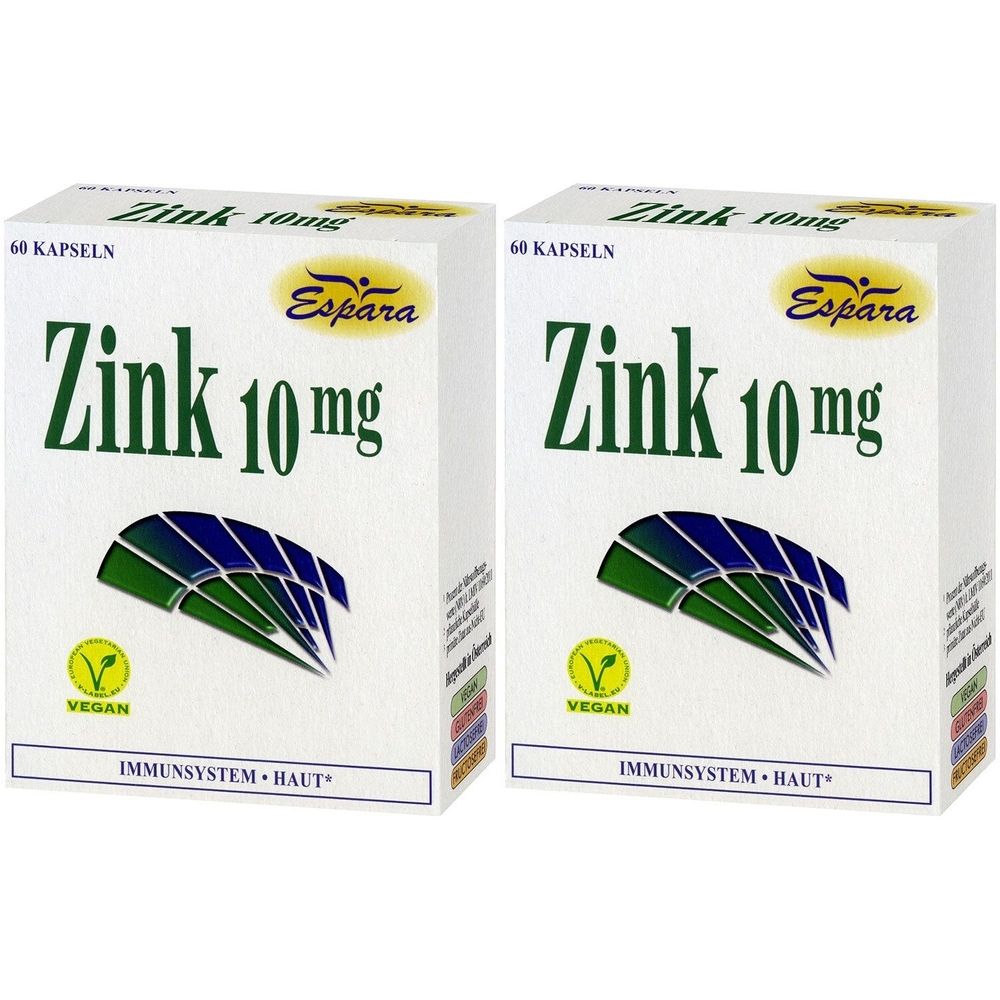 Zwei Schachteln Zink 10 mg. Aufschrift: Espara, 60 Kapseln, vegan. Für Immunsystem und Haut.