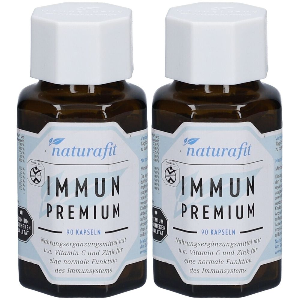 Zwei braune Flaschen mit weißen Deckeln. Auf den Etiketten steht "naturafit IMMUN PREMIUM". Text: "90 Kapseln". Nahrungsergänzungsmittel.