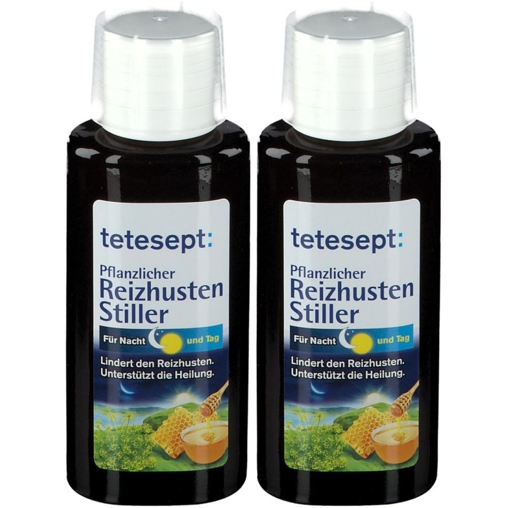 Zwei Flaschen tetesept® Pflanzlicher Reizhusten Stiller. Schwarze Flaschen mit weißem Etikett und weißem Verschluss. Text auf Deutsch.