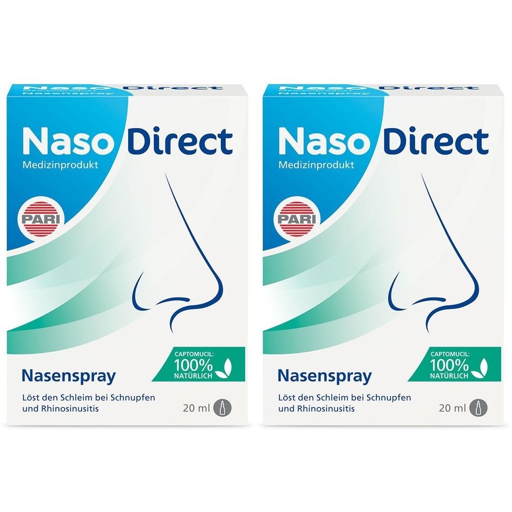 Zwei Schachteln Naso Direct Nasenspray. Blaue und weiße Verpackung mit Nasen-Illustration. Text: Medizinprodukt, 100% natürlich, 20 ml.