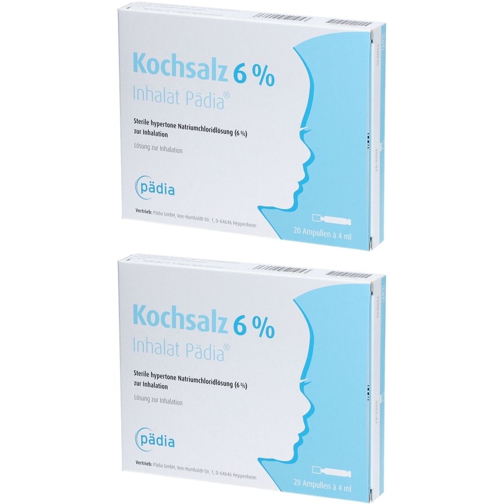 Zwei Kartons Kochsalz 6 % Inhalat Pädia. Weiße Verpackung mit blauem Profil und Produktinformationen. 20 Ampullen.