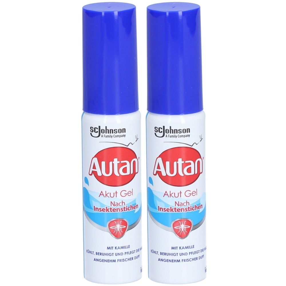 Zwei Flaschen Autan Akut Gel mit blauem Deckel. Aufschrift: Autan, Akut Gel, Nach Insektenstichen. Logo SC Johnson.
