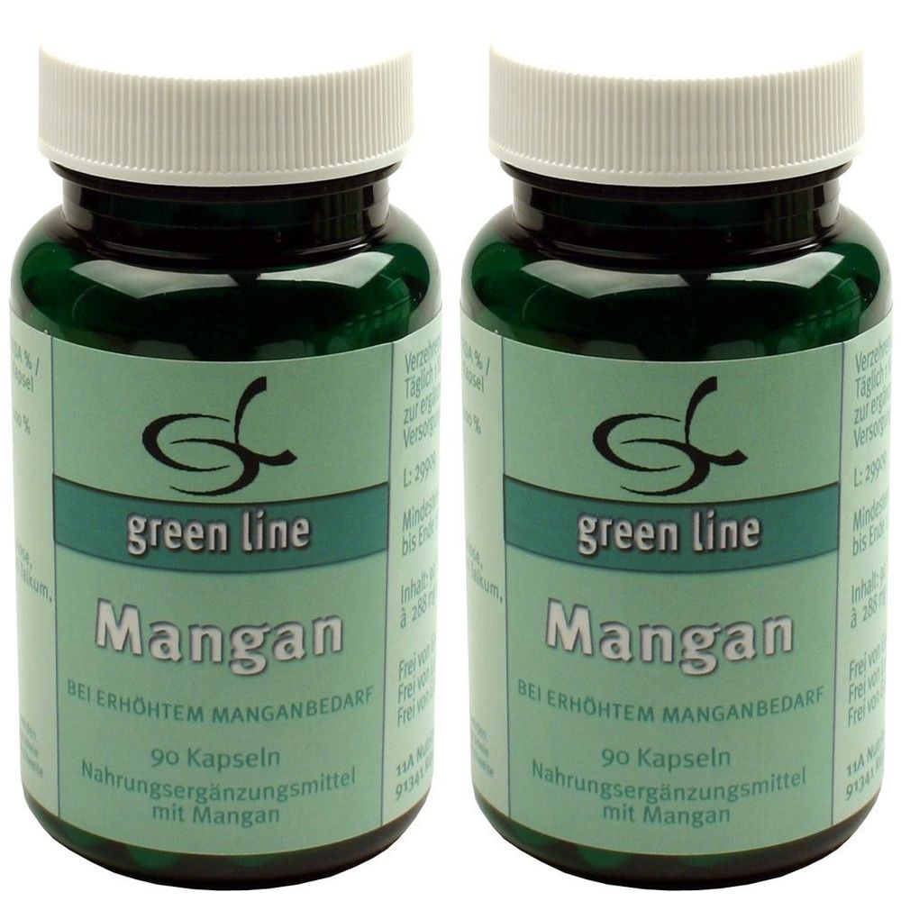 Zwei grüne Flaschen mit weißen Deckeln. Auf den Etiketten steht "green line Mangan". Text: "Bei erhöhtem Manganbedarf", "90 Kapseln".