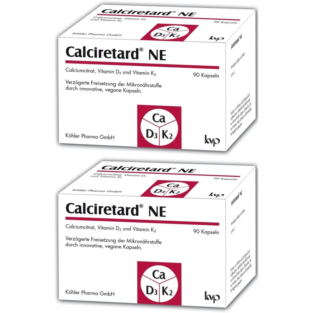 Zwei weiße Kartons mit der Aufschrift "Calciretard NE". Aufdrucke: Calciumcitrat, Vitamin D3 und K2, 90 Kapseln.
