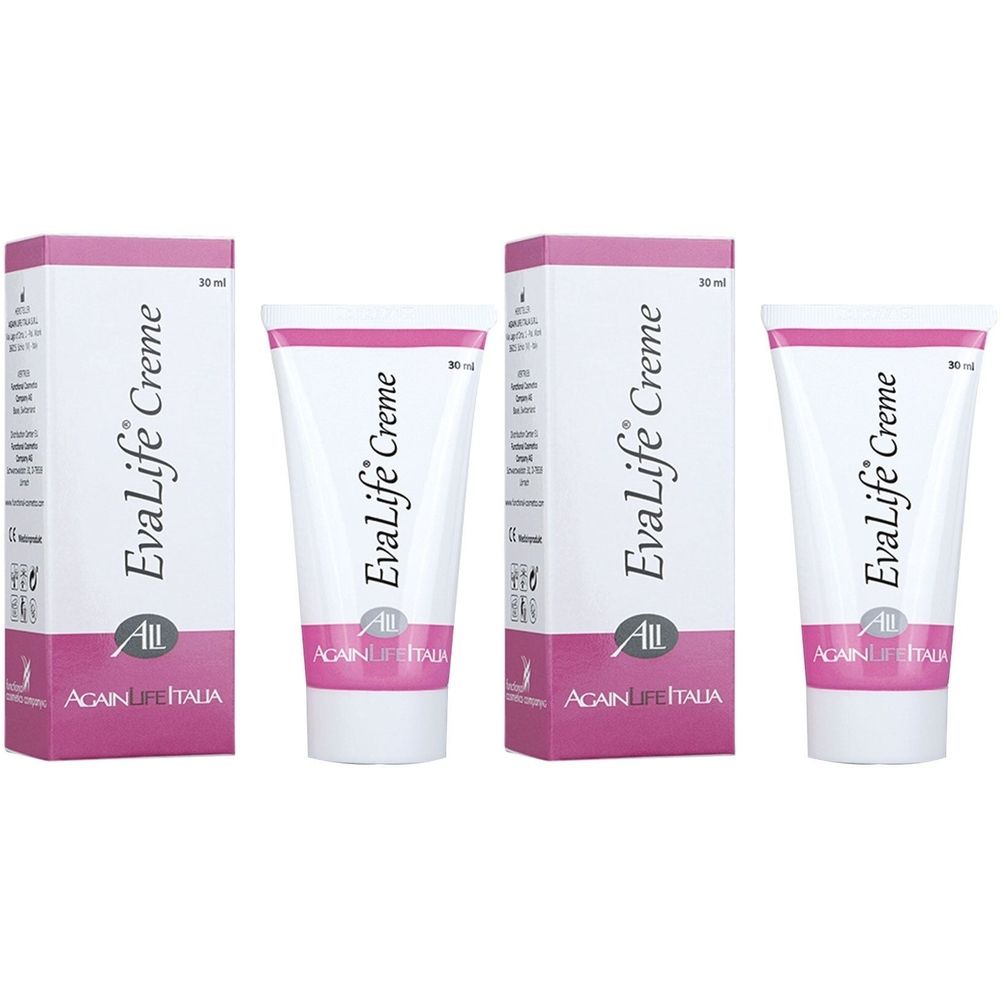 Mehrere Tuben und Schachteln mit der Aufschrift EvaLife Creme. Die Verpackung ist weiß mit rosa Akzenten und Text.