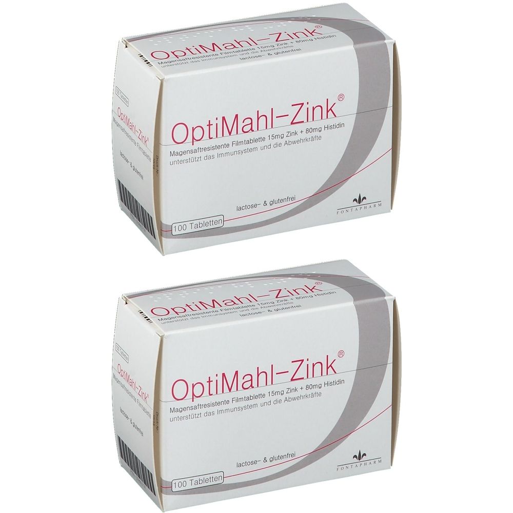 Zwei Schachteln OptiMahl-Zink. Weiße Verpackung mit Produktnamen und Inhaltsangaben. Aufschrift: 100 Tabletten.