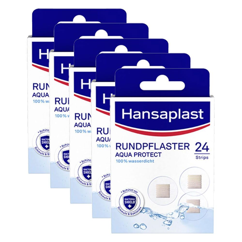 Mehrere Packungen Pflaster. Blaue und weiße Verpackung mit Hansaplast-Logo. Text: Rundpflaster, Aqua Protect, 24 Strips. Sichtbare Pflaster.