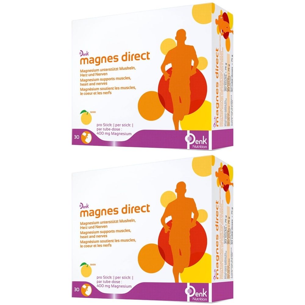 Zwei Kartons mit "magnes direct" Aufdruck. Aufschrift: Magnesium unterstützt Muskeln, Herz und Nerven. 30 Stück, 400 mg Magnesium.