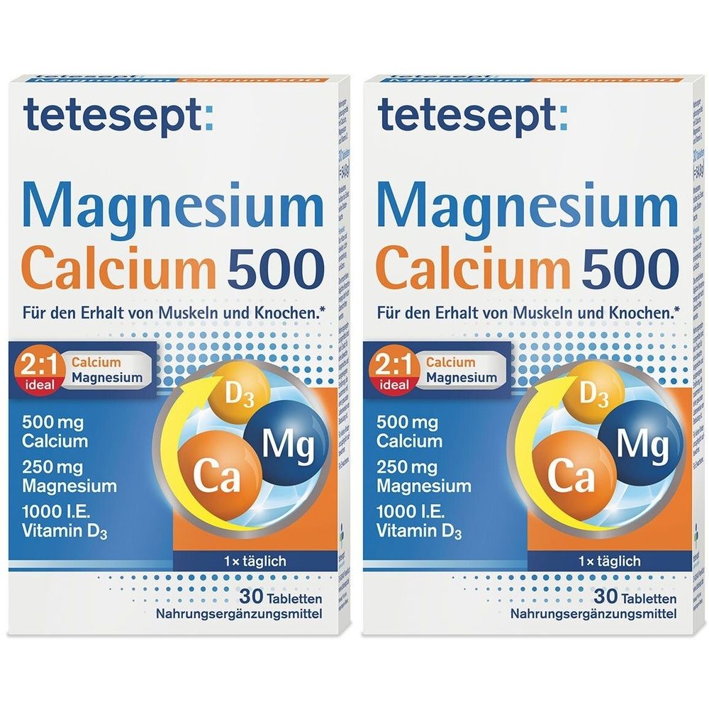 Zwei Schachteln tetesept Magnesium Calcium 500. Blaue und orangefarbene Elemente zeigen Inhaltsstoffe. Text: Für den Erhalt von Muskeln und Knochen.