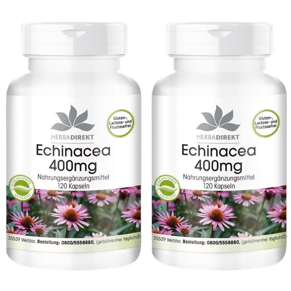 Zwei weiße Flaschen mit Etiketten. Aufschrift: Echinacea 400mg, 120 Kapseln. Logo und Hinweis auf Gluten-, Lactose- und Fructosefreiheit.
