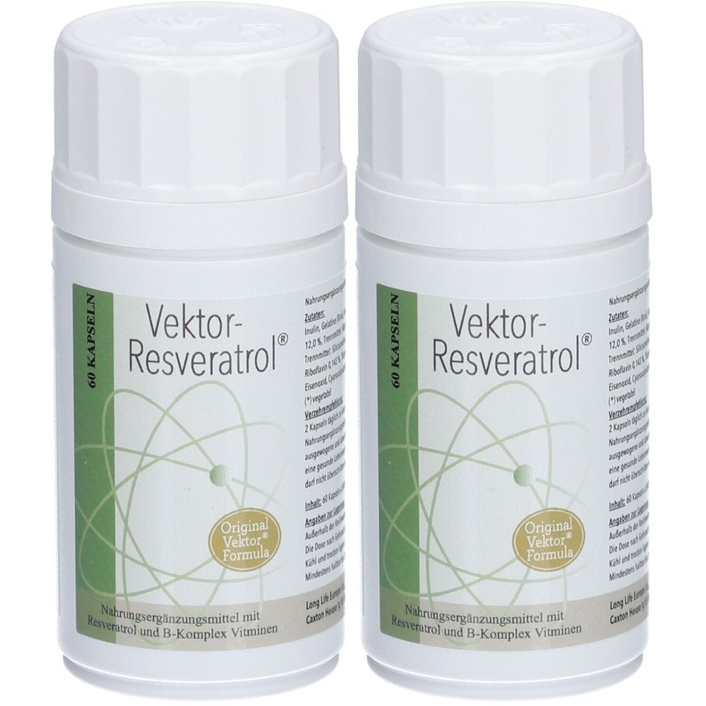 Zwei weiße Flaschen mit Etiketten. Aufschrift: Vektor-Resveratrol®, 60 Kapseln. Grün-weiße Verpackung mit Produktinformationen.