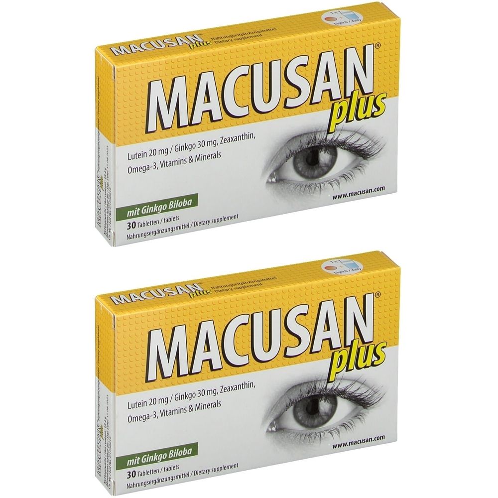Zwei Schachteln Macusan Plus Tabletten. Gelbe Verpackung mit Produktnamen, Augenabbildung und Inhaltsangaben.