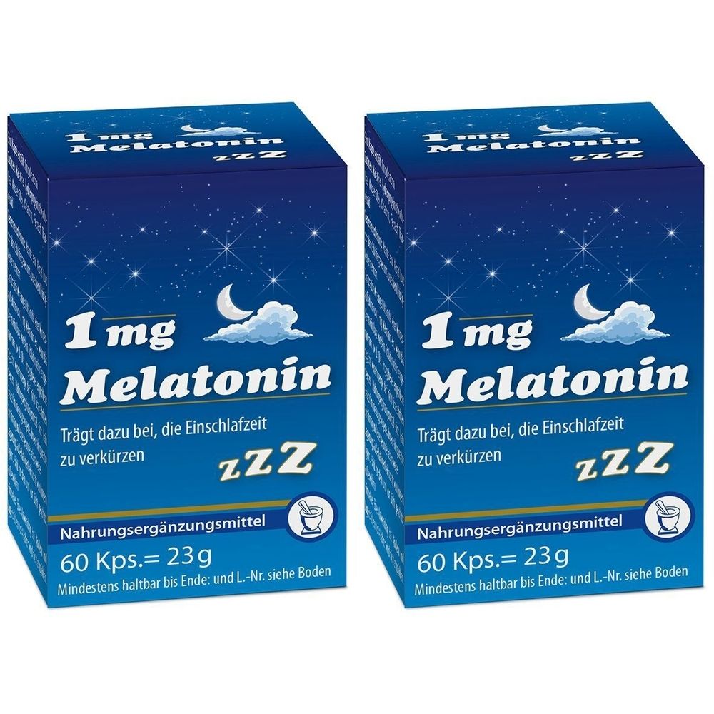 Zwei Schachteln mit "1 mg Melatonin". Blaue Verpackung mit Mond, Sternen und Text. Enthält 60 Kapseln. Nahrungsergänzungsmittel.