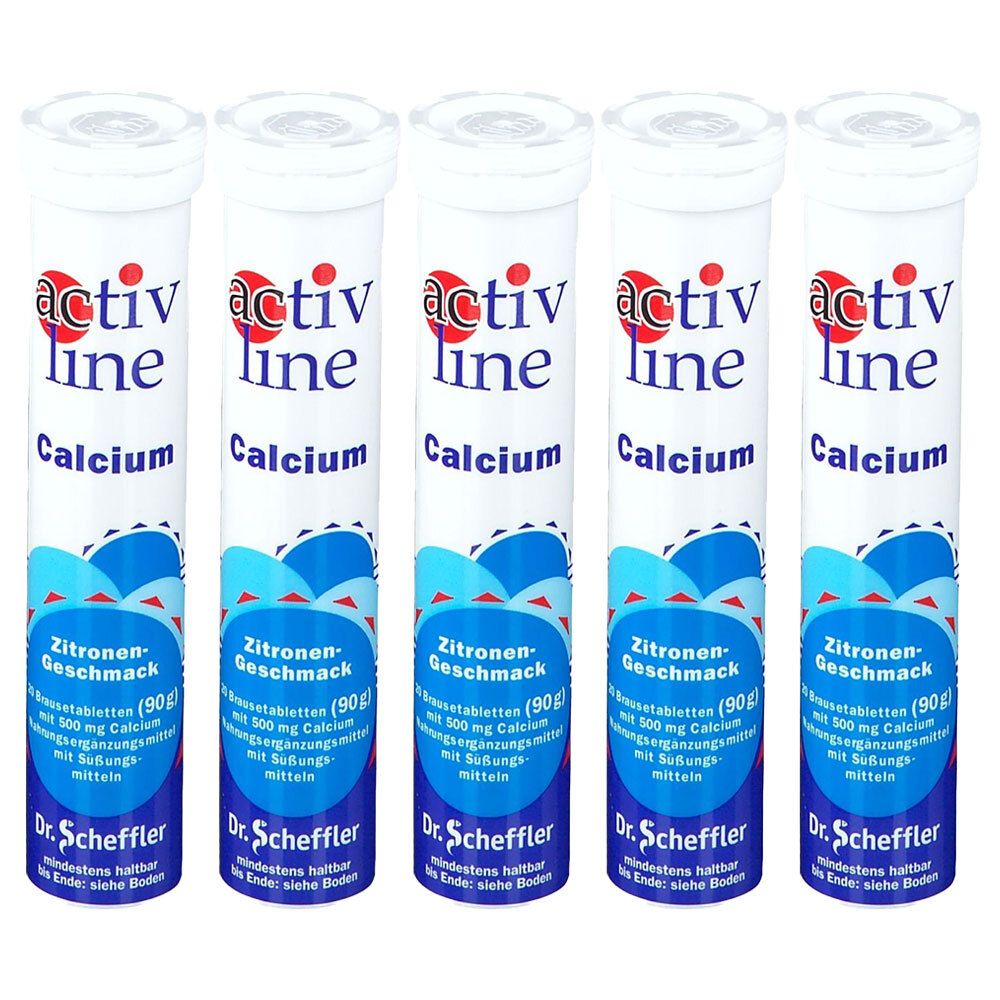 Fünf weiße Röhrchen mit „activ line Calcium“ Aufschrift. Blaue Wellen und „Zitronen-Geschmack“.