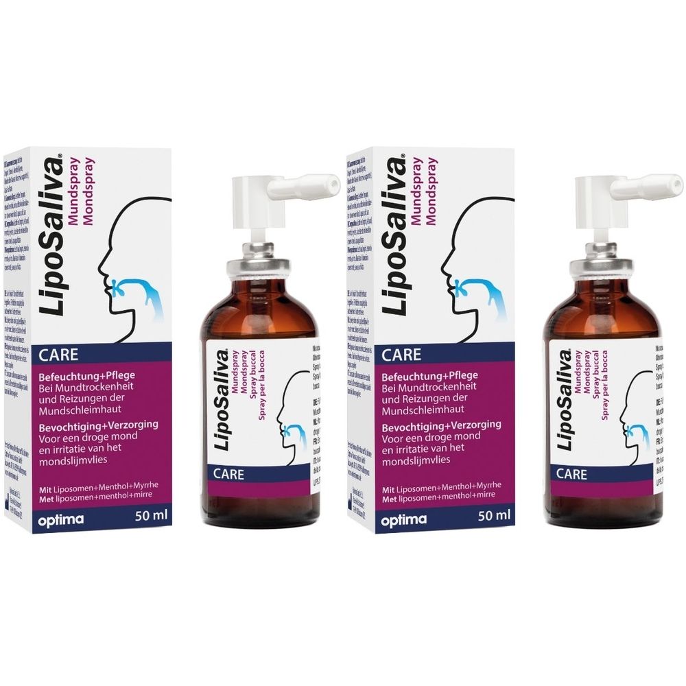 Drei Flaschen und Verpackungen von LipoSaliva Mundspray. Braune Flaschen mit weißem Sprühkopf. Weiße Kartons mit Produktinformationen.