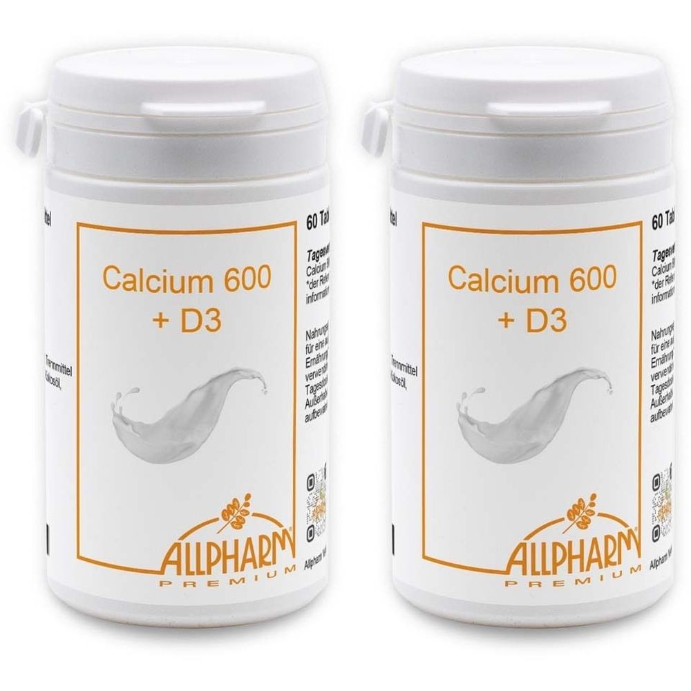 Zwei weiße Tablettenbehälter mit Aufschrift "Calcium 600 + D3". Logo: ALLPHARM PREMIUM. Orangefarbener Rahmen und Schrift.