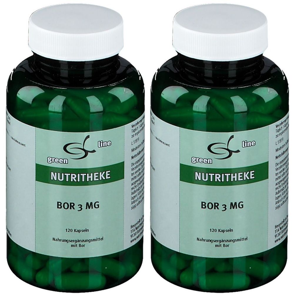 Zwei grüne Flaschen mit weißen Deckeln. Auf den Etiketten steht "green line NUTRITHEKE BOR 3 MG". Jede Flasche enthält 120 Kapseln.