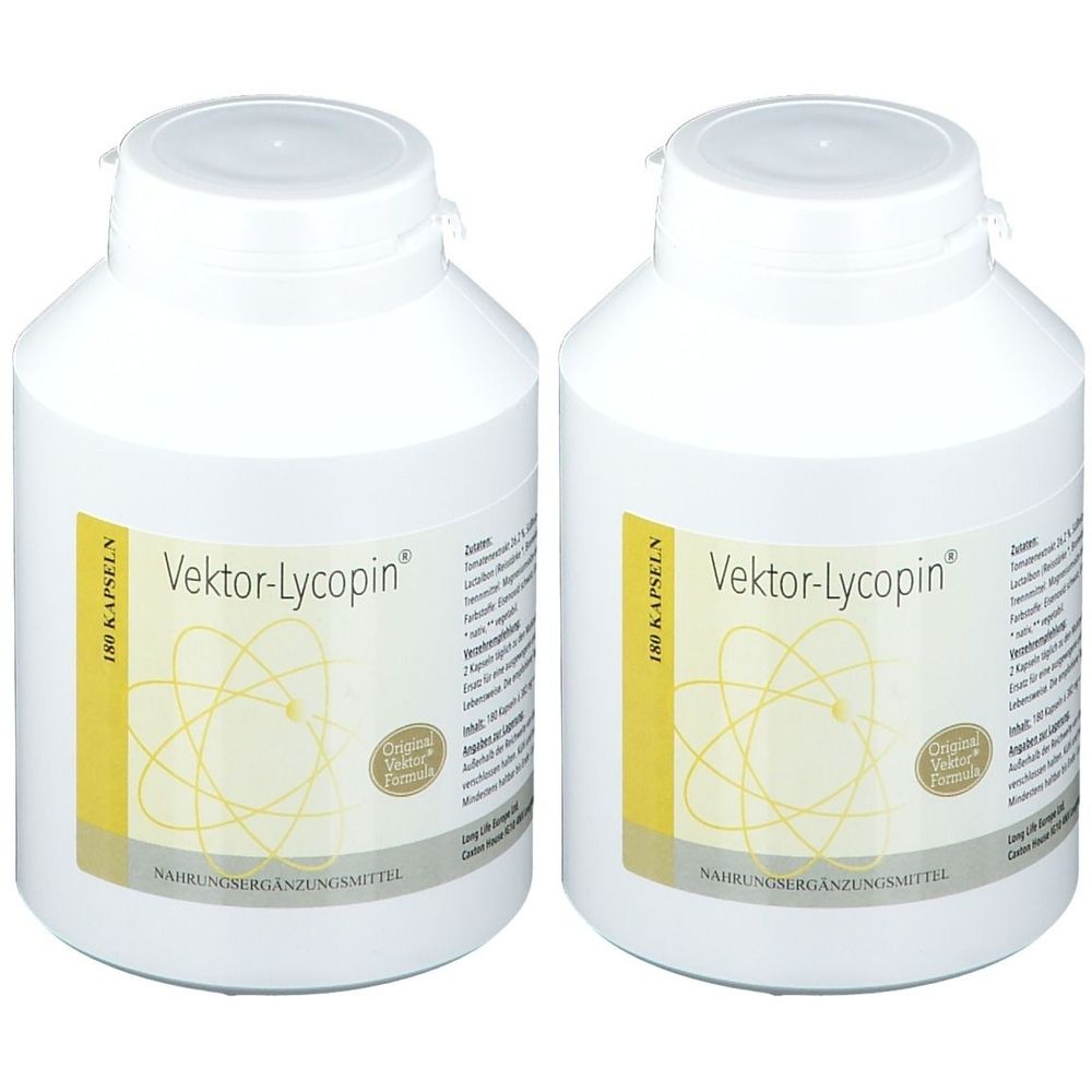 Zwei weiße Flaschen mit Schraubverschluss. Aufkleber mit gelbem Hintergrund und Produktbezeichnung Vektor-Lycopin® Kapseln.