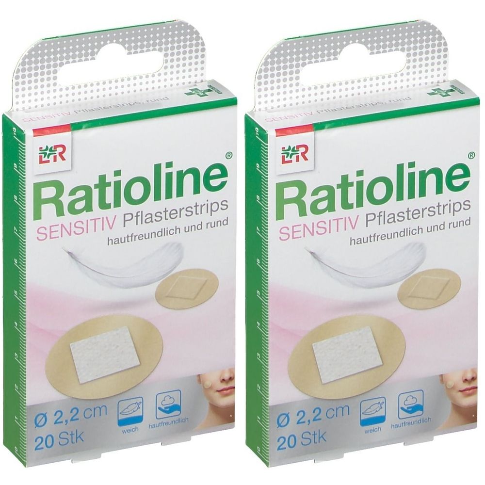 Zwei Packungen Ratioline Sensitiv Pflasterstrips. Runde Pflaster, 2,2 cm Durchmesser, 20 Stück pro Packung. Hautfreundlich.