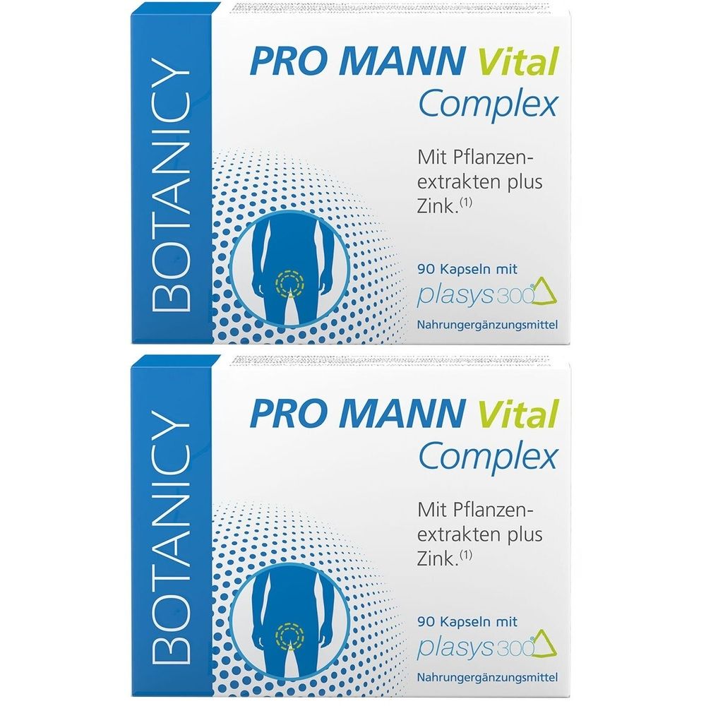 Zwei weiße Schachteln mit blauem Akzent. Aufschrift: PRO MANN Vital Complex, Pflanzenextrakte plus Zink. 90 Kapseln mit plasys300.