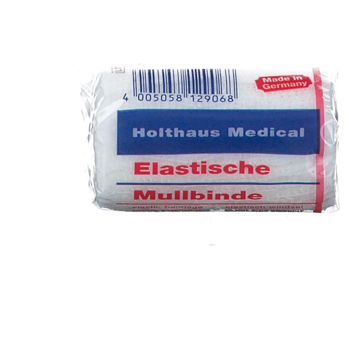 Elastische Mullbinde in Folie verpackt. Aufschrift: Holthaus Medical, Elastische Mullbinde. Mit Barcode und „Made in Germany“.